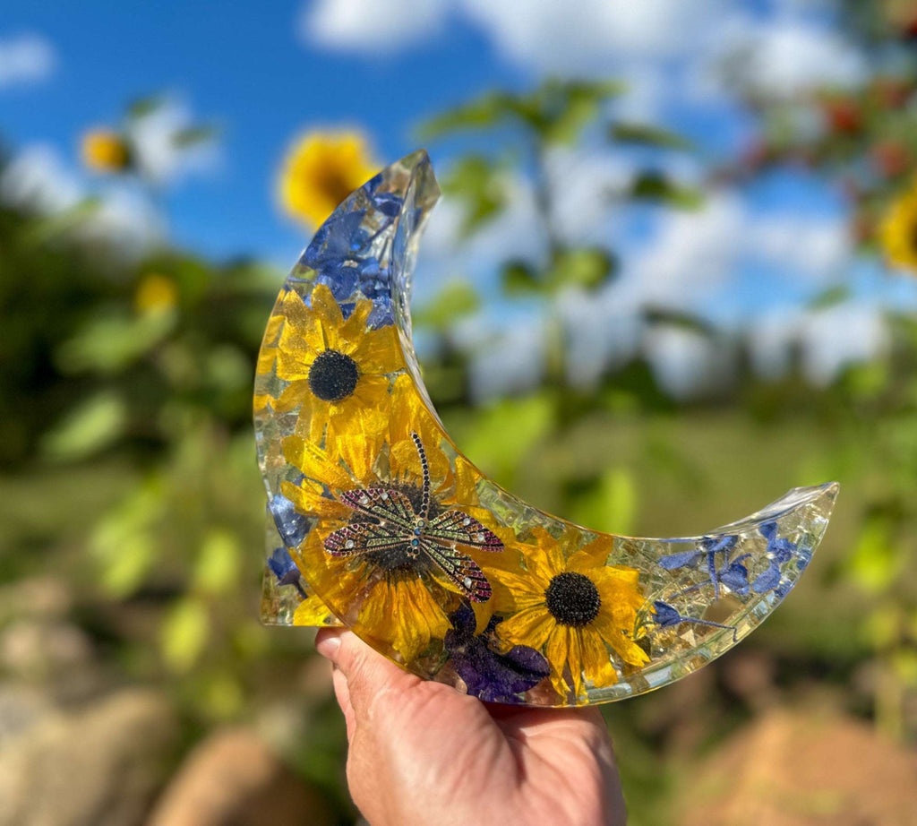 Tournesol céleste et lune : veilleuse en résine libellule et tournesol