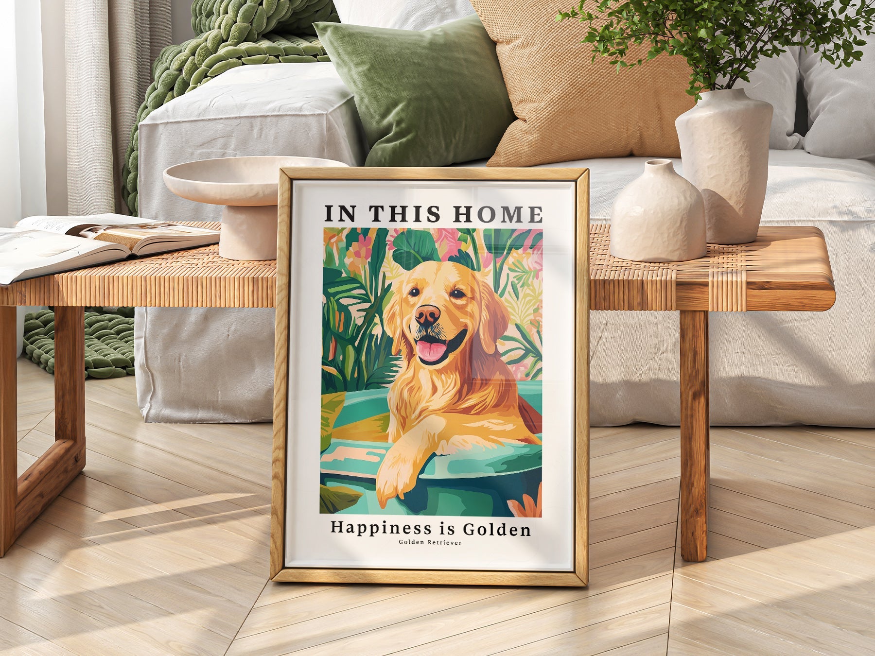Golden Retriever Art Print – In This Home Happiness is Golden Wall Art