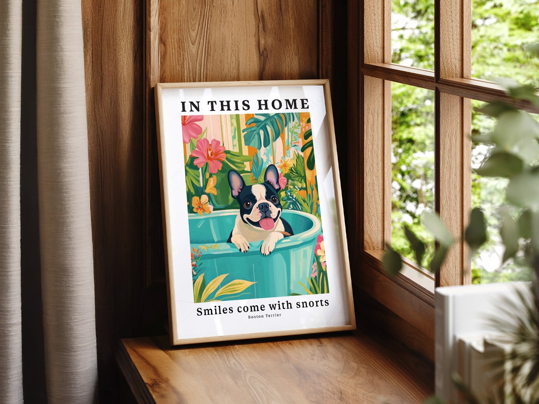 Boston Terrier Wall Art Print – Tropical Dog Poster Home Decor