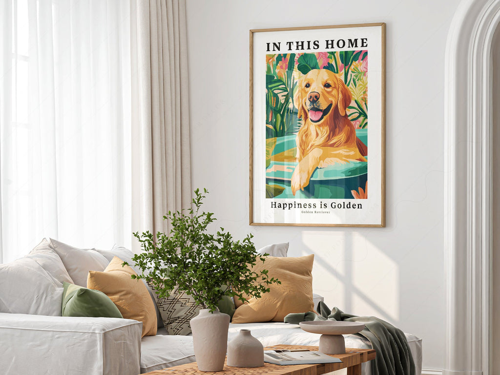 Golden Retriever Art Print – In This Home Happiness is Golden Wall Art