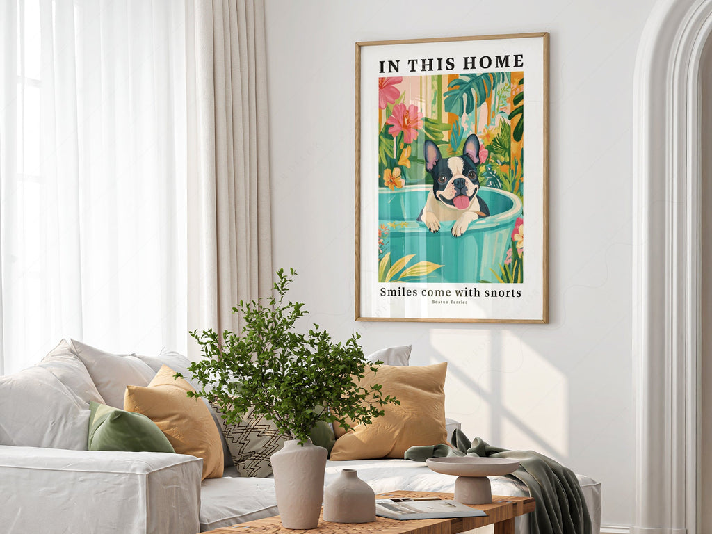 Boston Terrier Wall Art Print – Tropical Dog Poster Home Decor