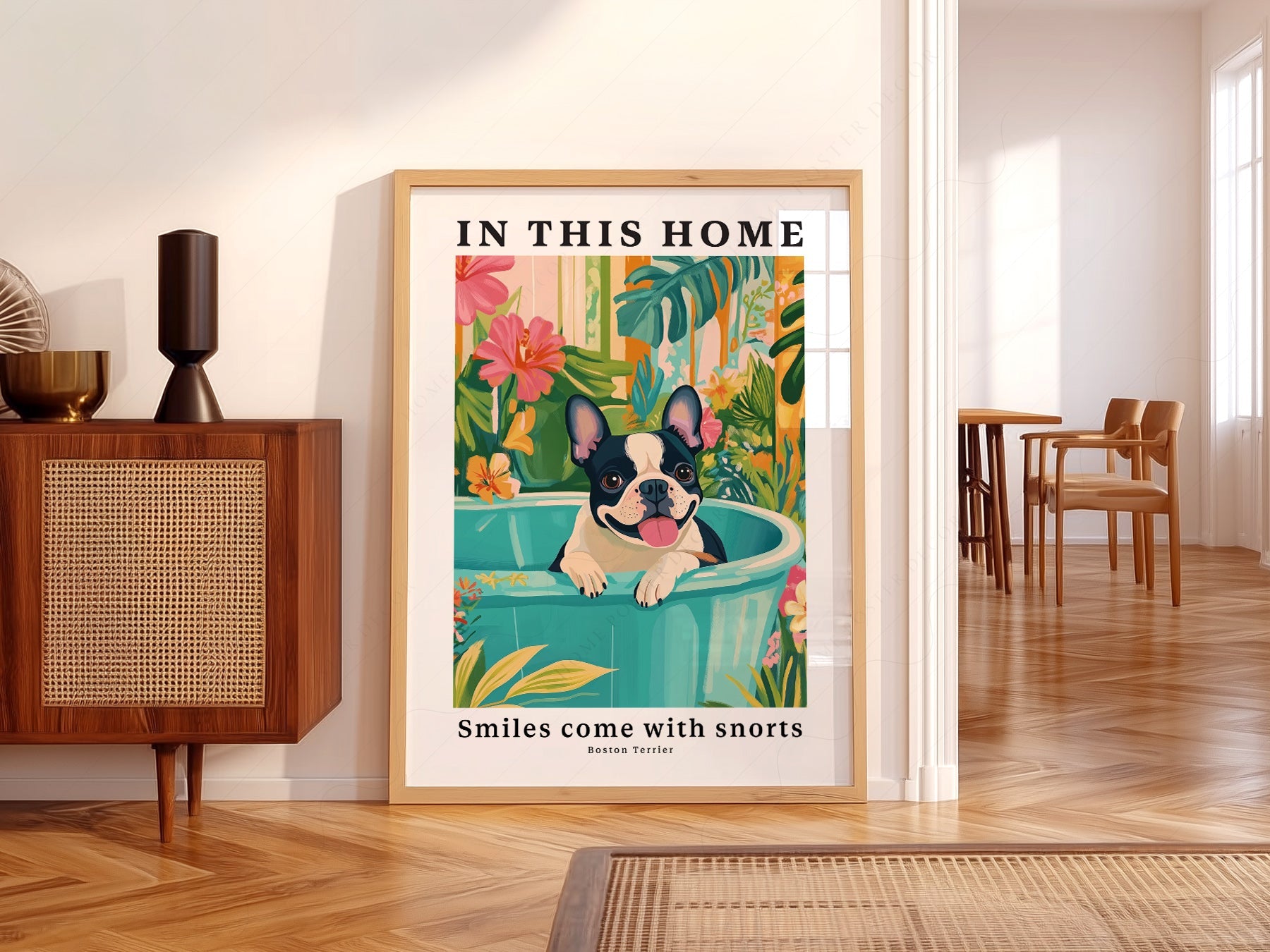 Boston Terrier Wall Art Print – Tropical Dog Poster Home Decor