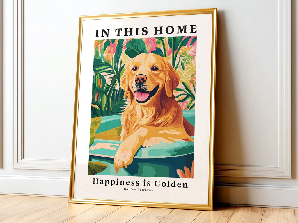 Golden Retriever Art Print – In This Home Happiness is Golden Wall Art