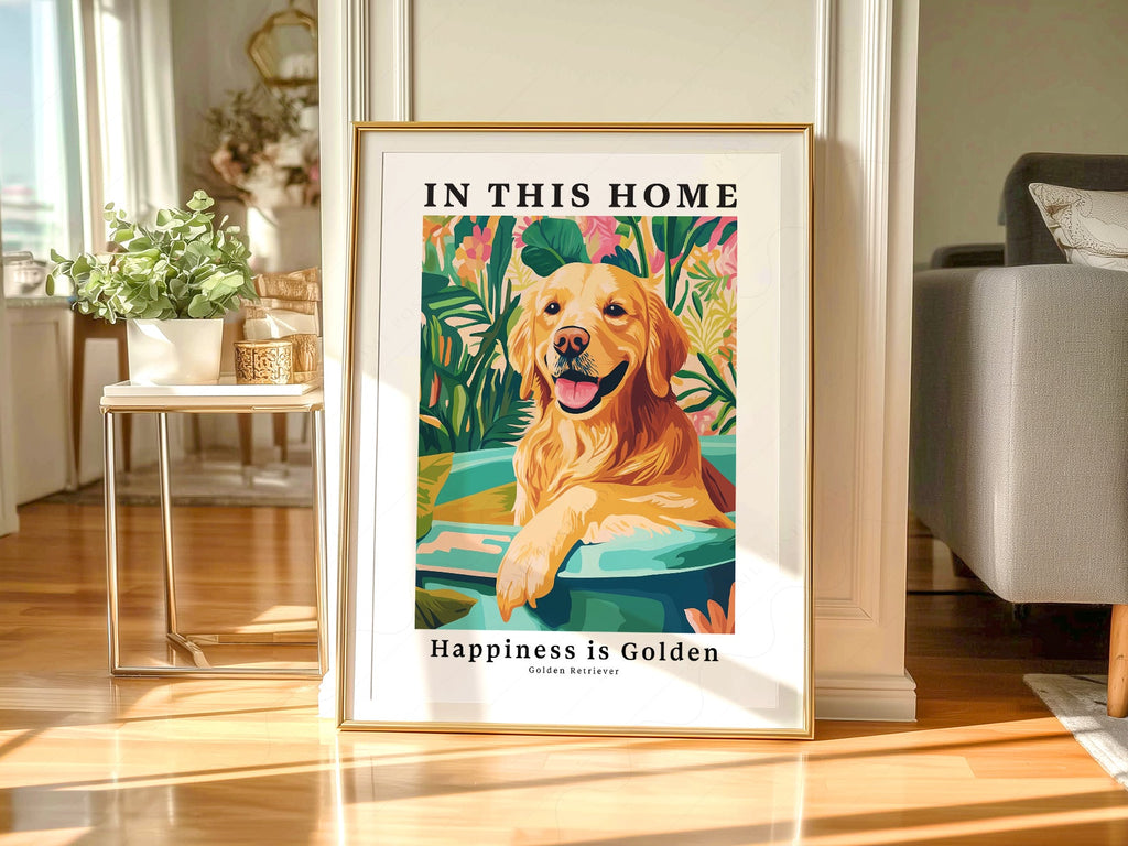 Golden Retriever Art Print – In This Home Happiness is Golden Wall Art