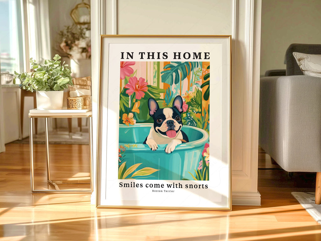 Boston Terrier Wall Art Print – Tropical Dog Poster Home Decor