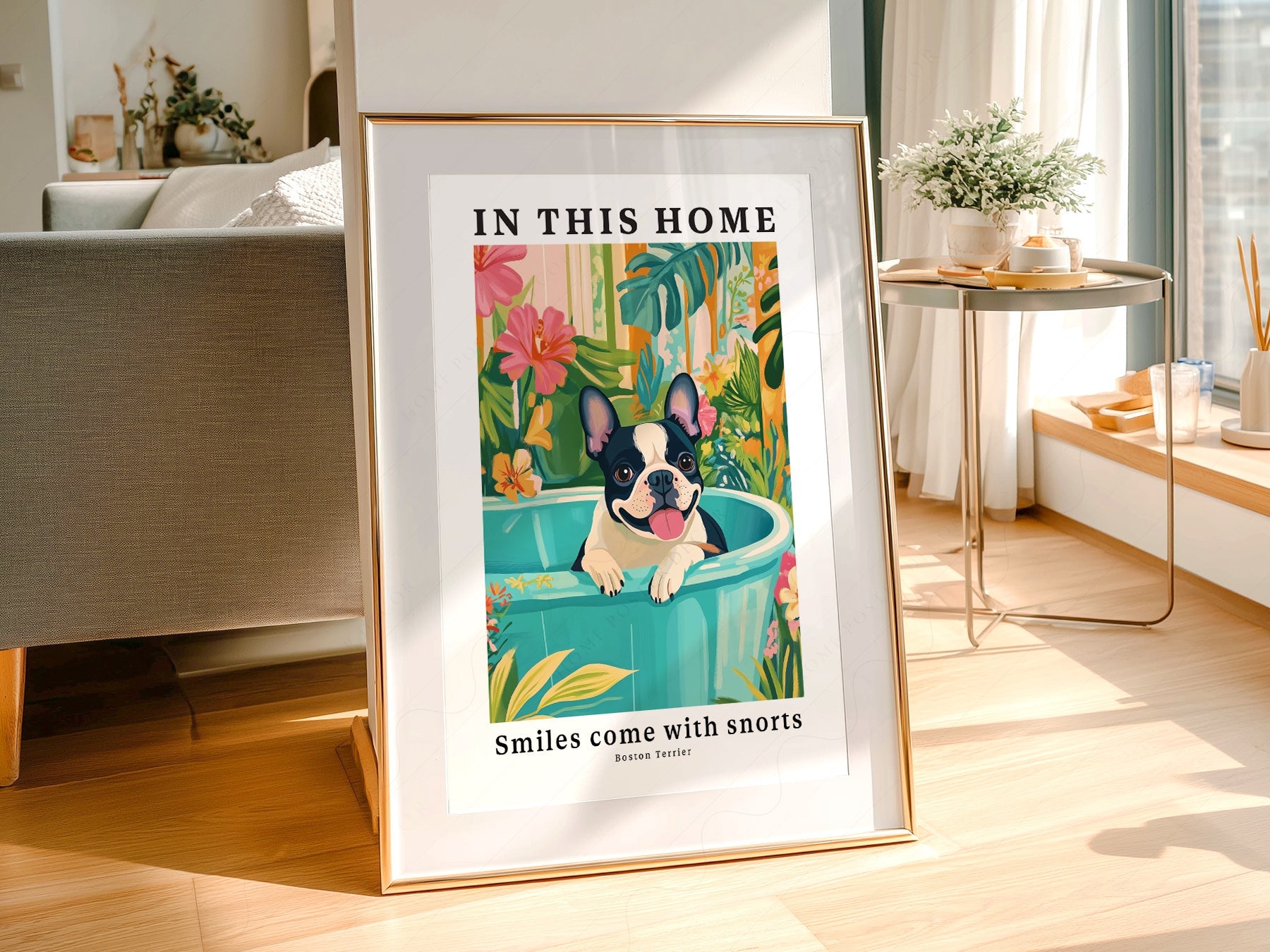 Boston Terrier Wall Art Print – Tropical Dog Poster Home Decor