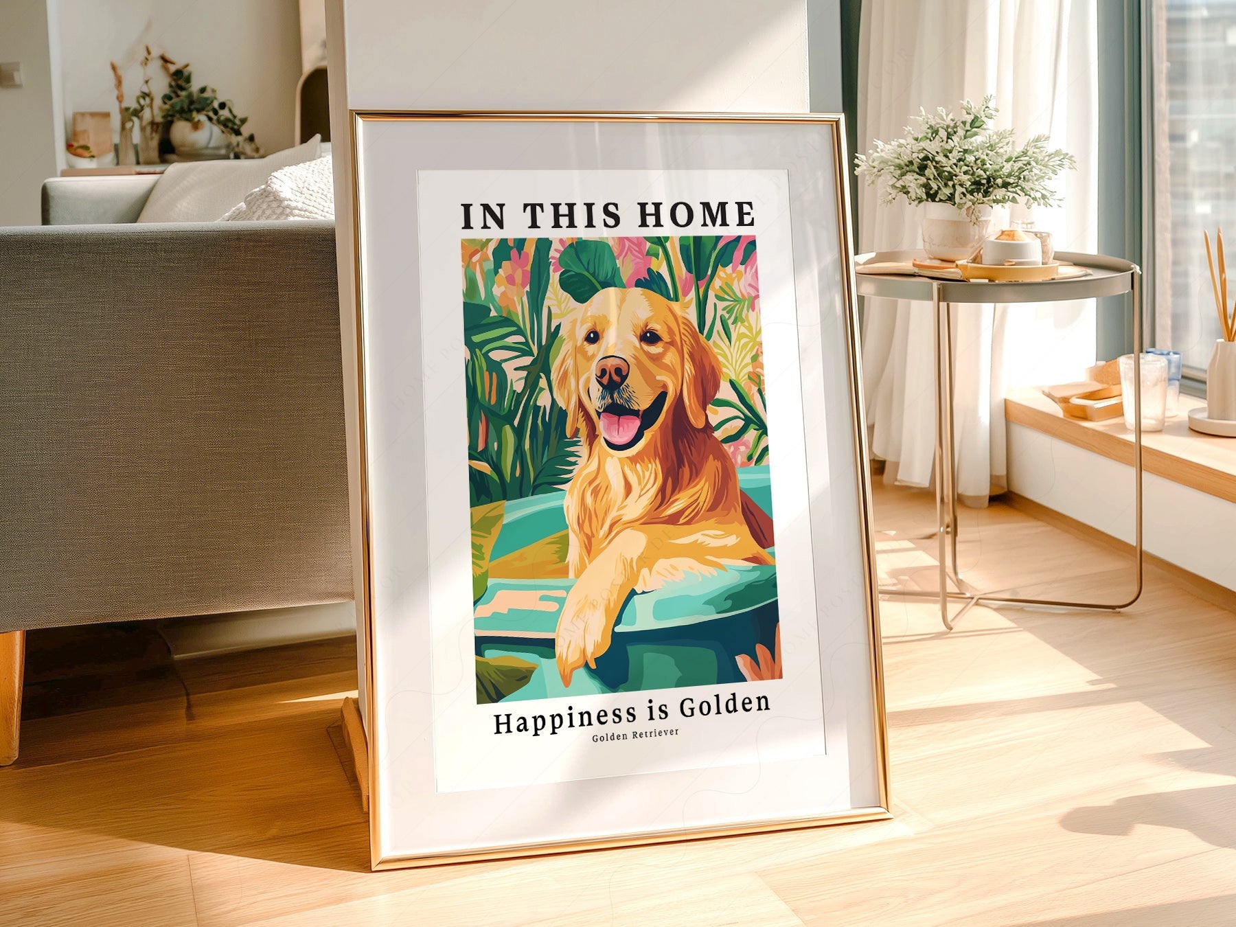 Golden Retriever Art Print – In This Home Happiness is Golden Wall Art