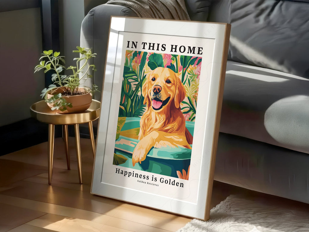 Golden Retriever Art Print – In This Home Happiness is Golden Wall Art