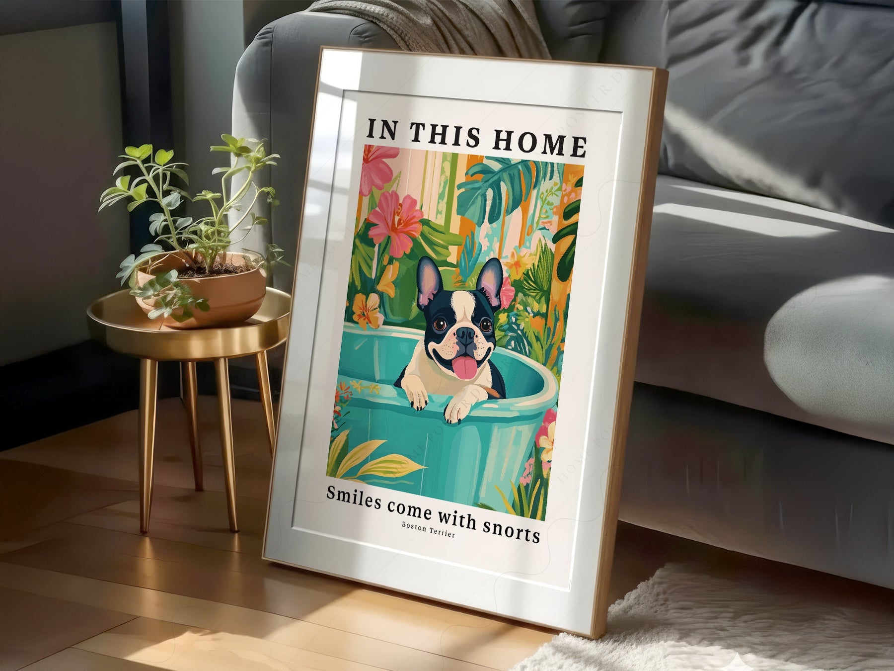 Boston Terrier Wall Art Print – Tropical Dog Poster Home Decor
