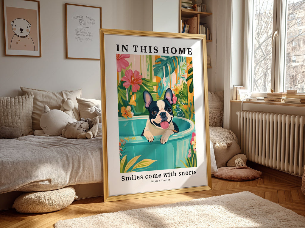 Boston Terrier Wall Art Print – Tropical Dog Poster Home Decor
