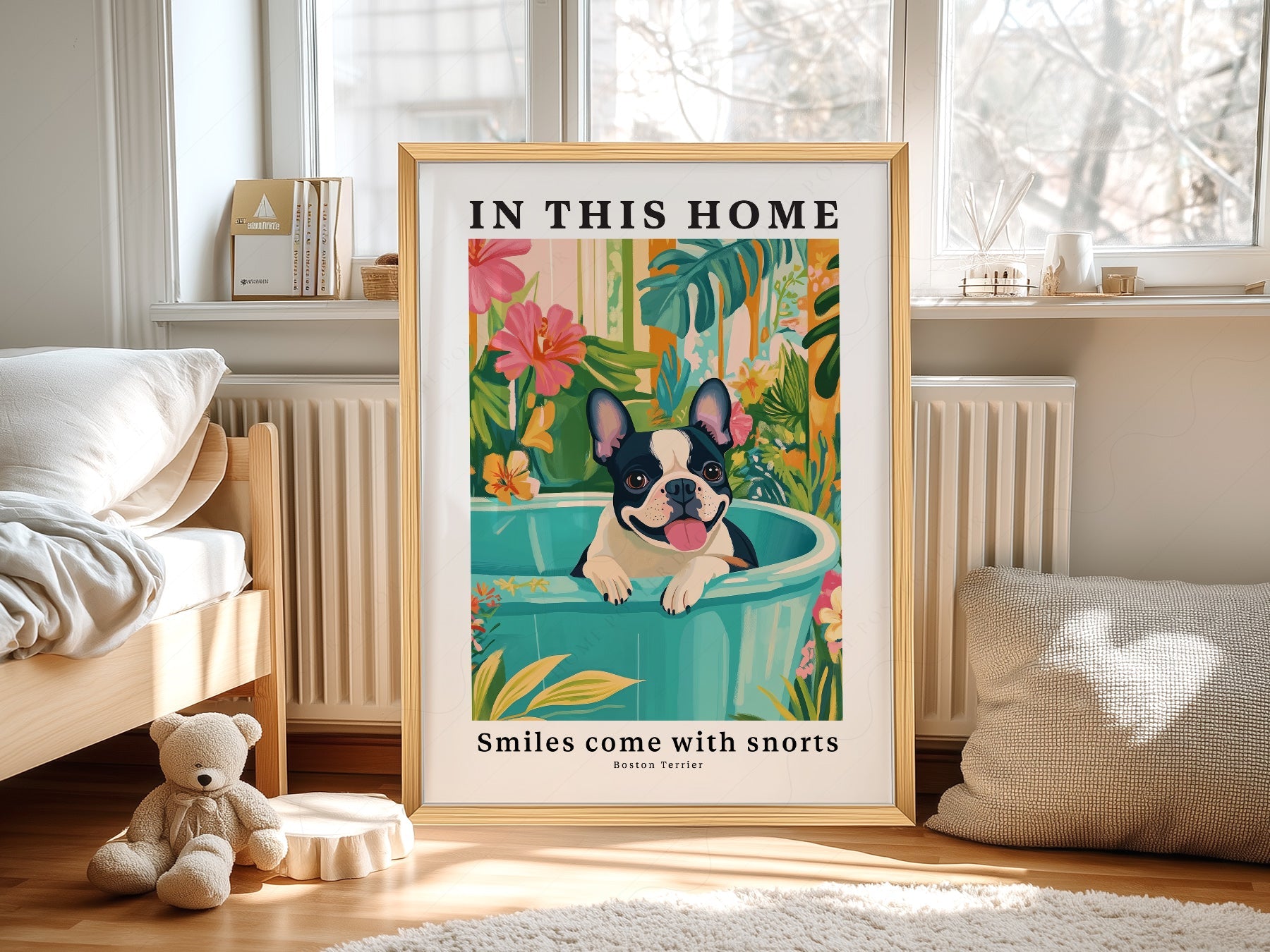 Boston Terrier Wall Art Print – Tropical Dog Poster Home Decor