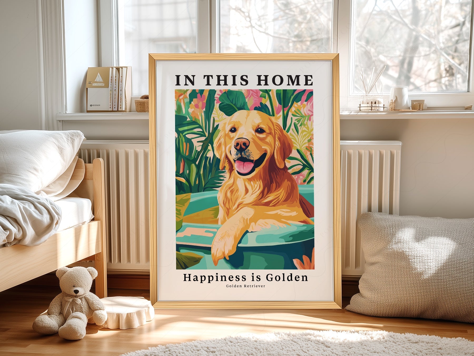 Golden Retriever Art Print – In This Home Happiness is Golden Wall Art