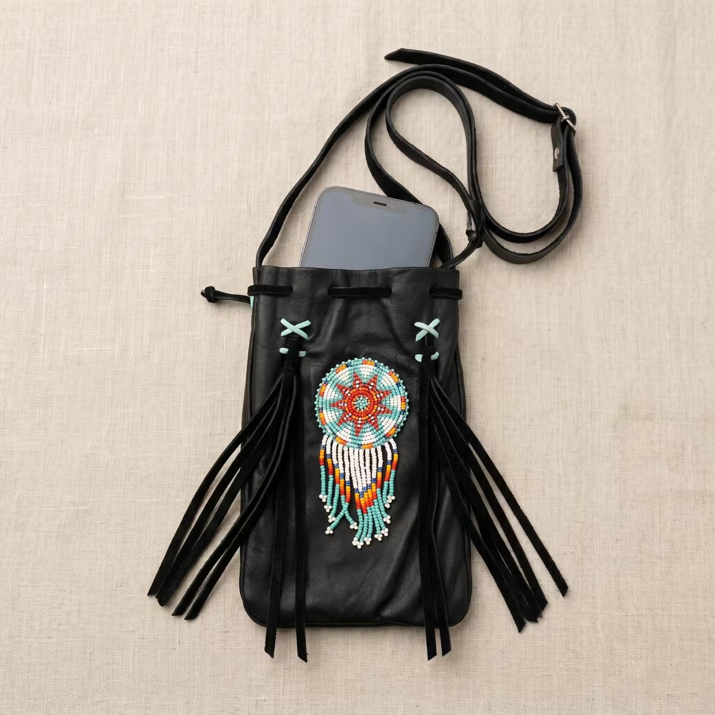 Beaded Suede Phone Pouch ~ Black