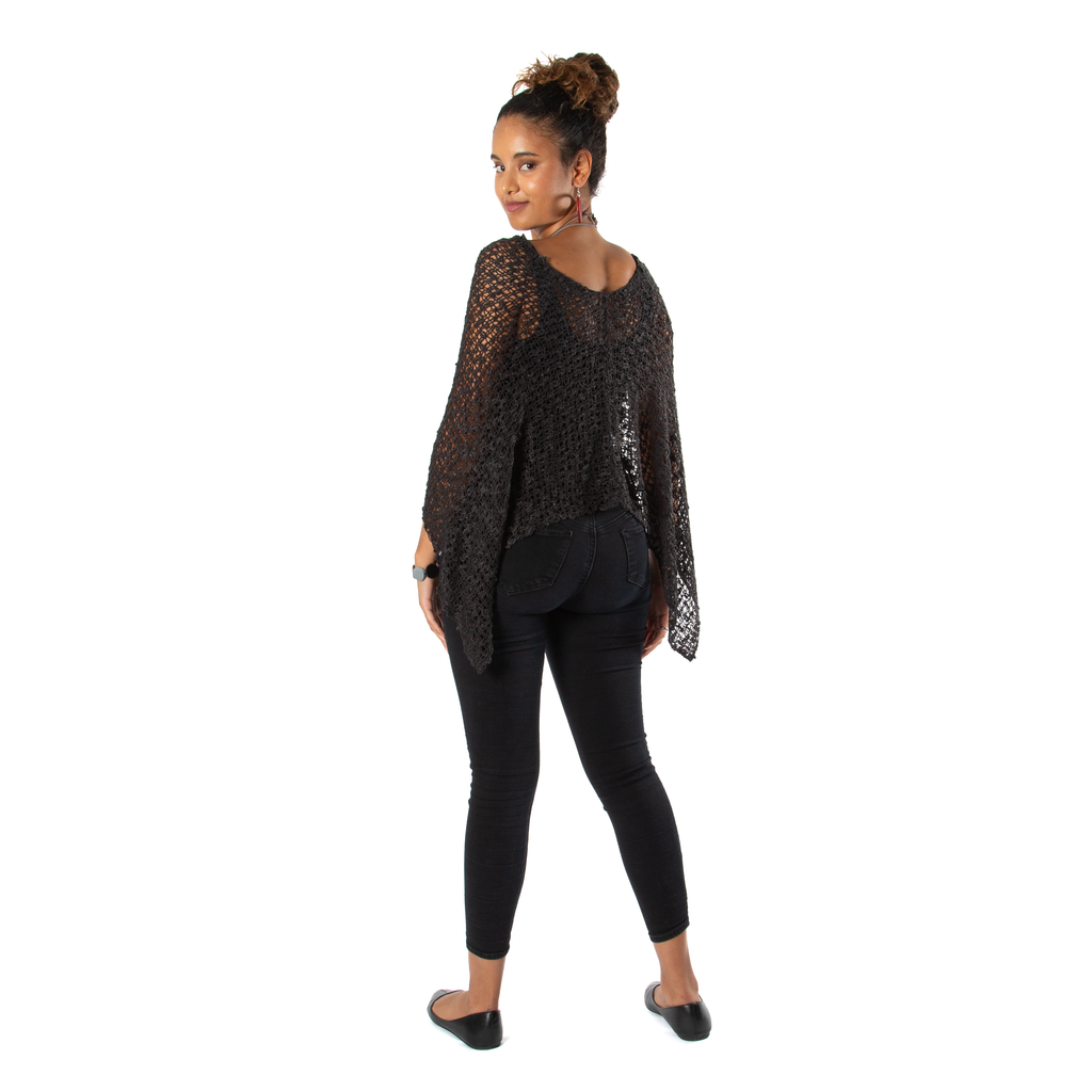 Short Popcorn Knit Poncho - Charcoal Black