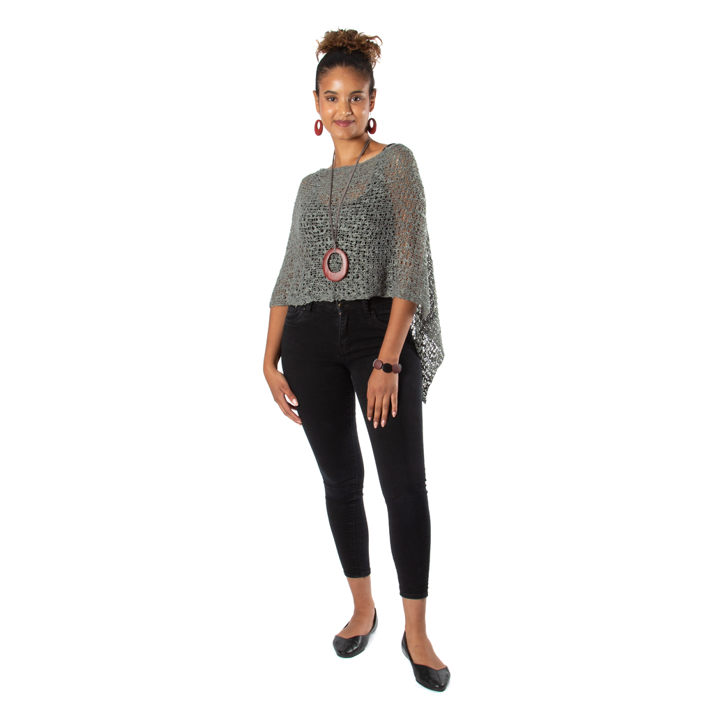 Short Popcorn Knit Poncho - Grey