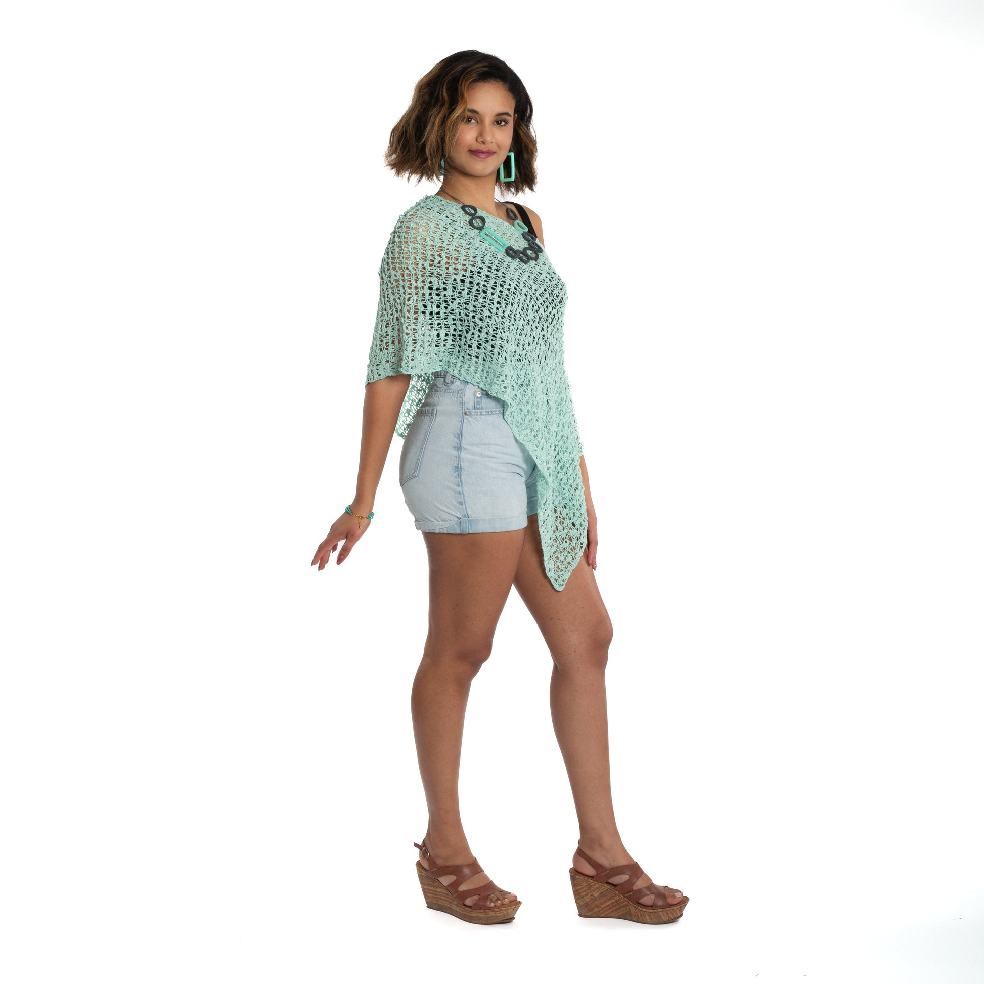 Short Popcorn Knit Poncho - Mint