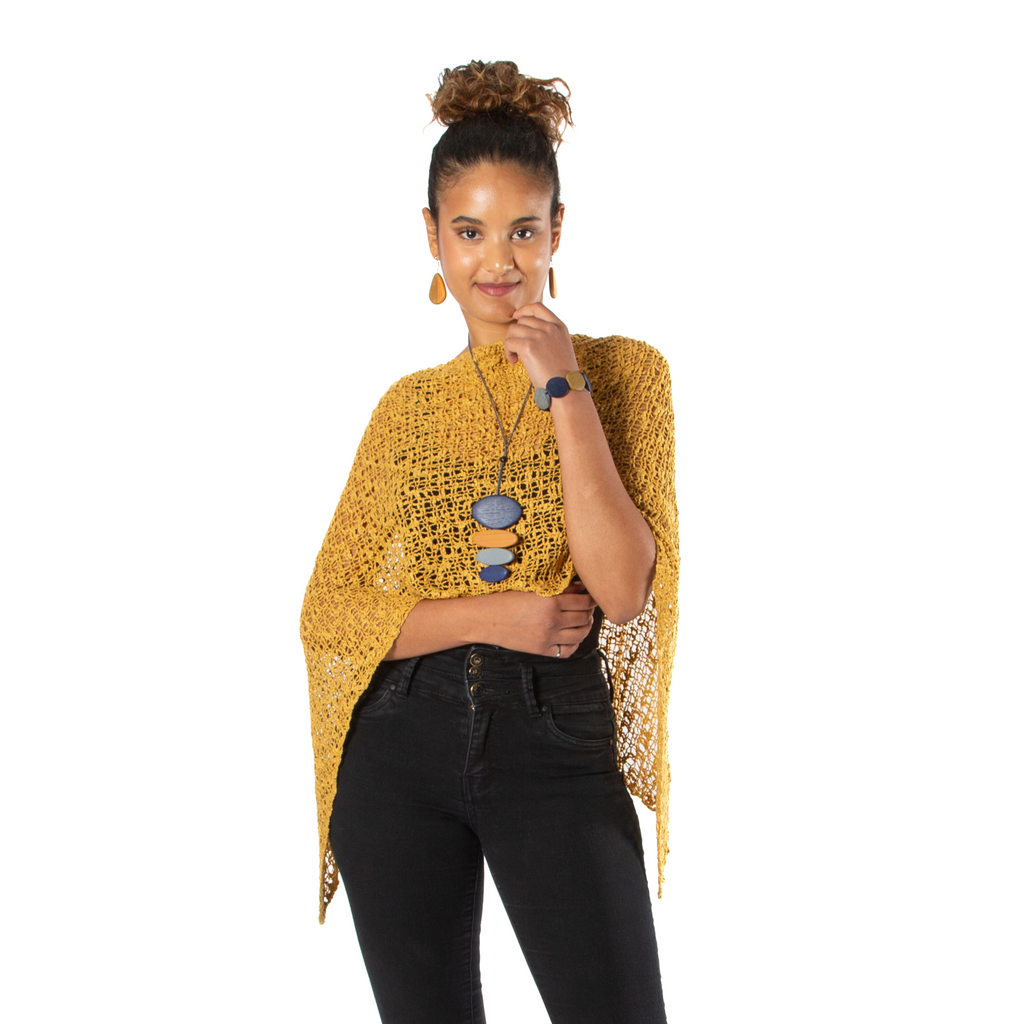 Short Popcorn Knit Poncho - Saffron