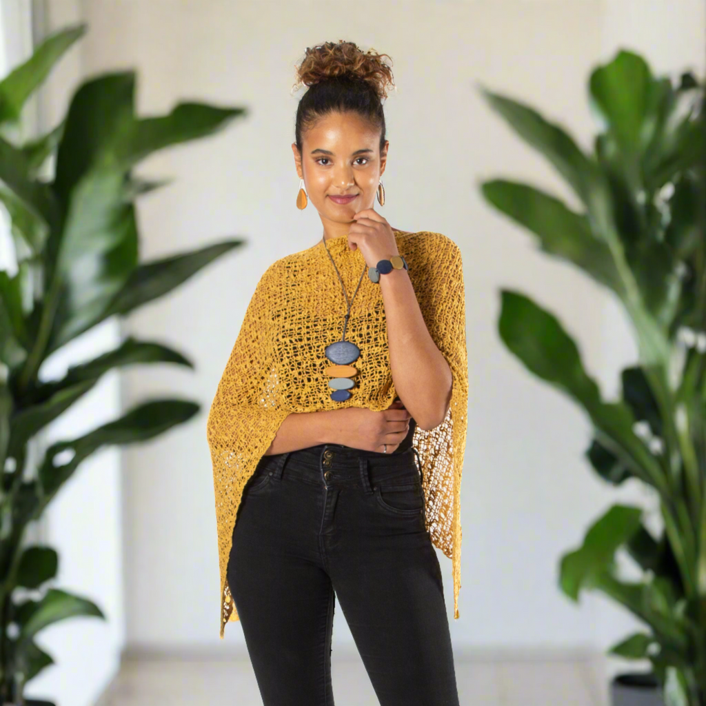 Short Popcorn Knit Poncho - Saffron