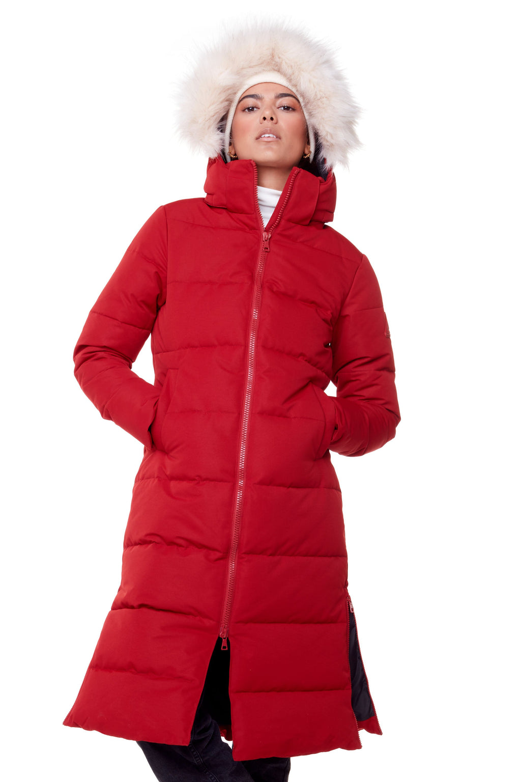 KLUANE | PARKA ULTRA LONGUE EN DUVET VÉGAN POUR FEMME (RECYCLÉE), ROUGE FONCÉ