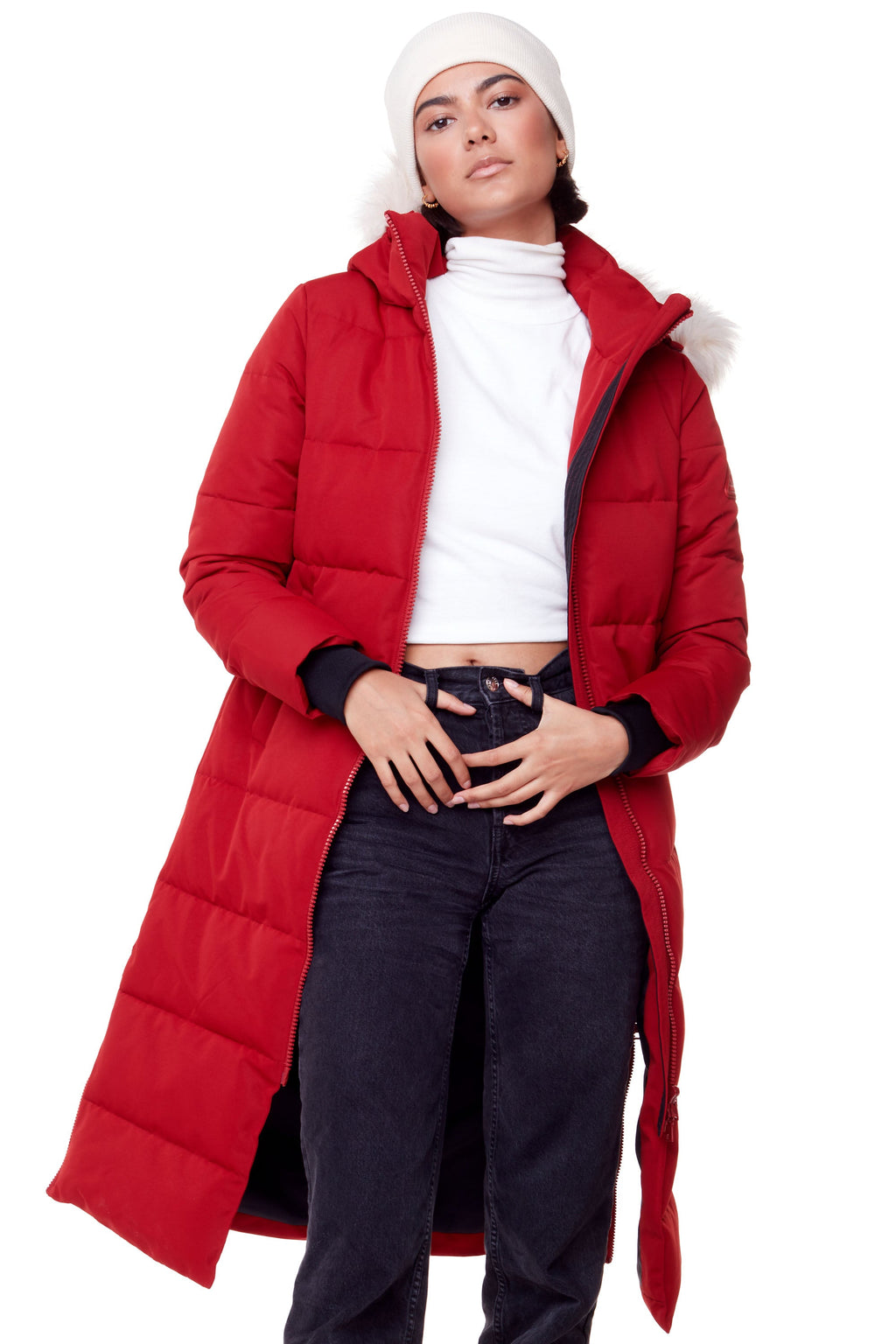 KLUANE | PARKA ULTRA LONGUE EN DUVET VÉGAN POUR FEMME (RECYCLÉE), ROUGE FONCÉ