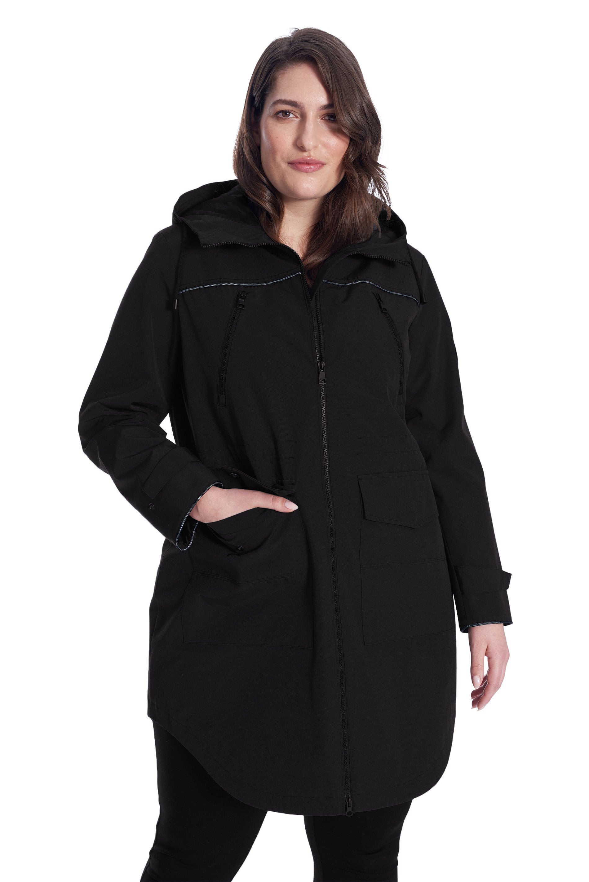 KUSAWA PLUS | IMPERMÉABLE FEMME À CORDON, NOIR (TAILLE GRANDE)
