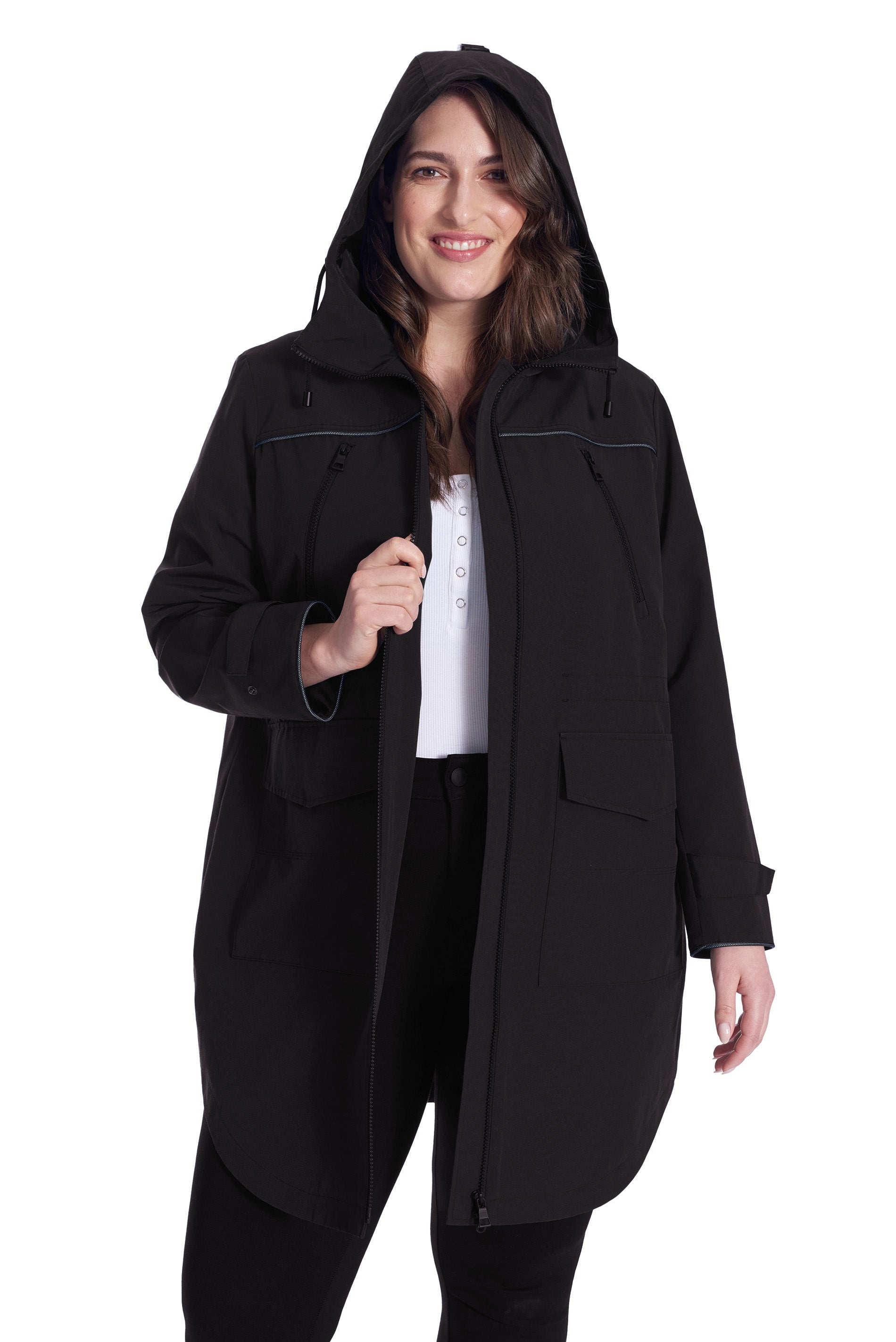 KUSAWA PLUS | IMPERMÉABLE FEMME À CORDON, NOIR (TAILLE GRANDE)