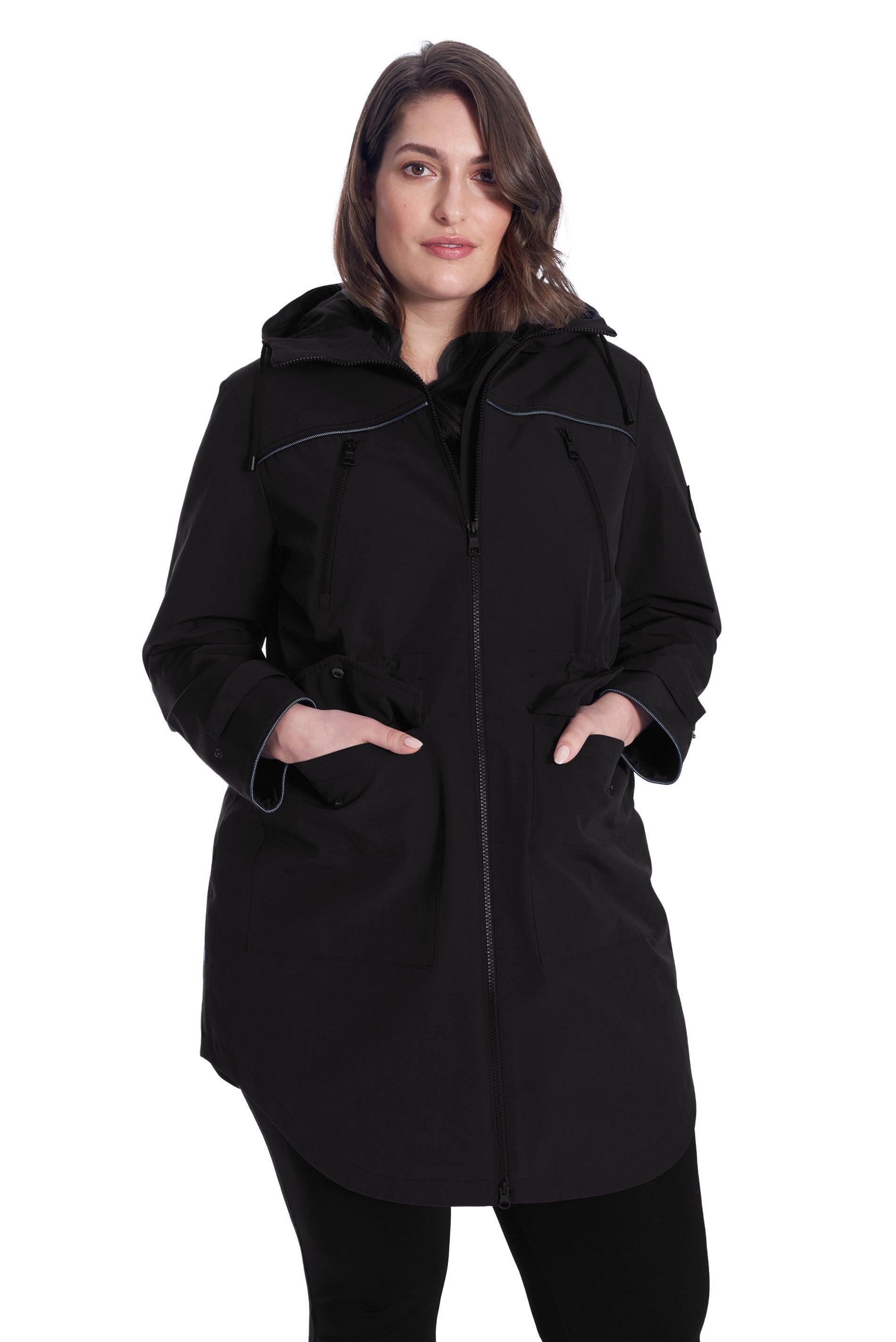 KUSAWA PLUS | IMPERMÉABLE FEMME À CORDON, NOIR (TAILLE GRANDE)