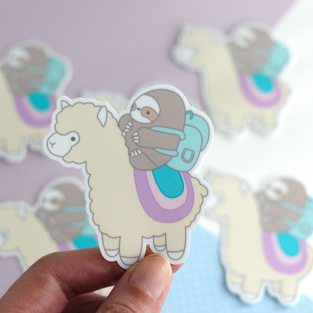 Pastel Sloth and Alpaca Adventurer Vinyl Sticker - Llama Decal