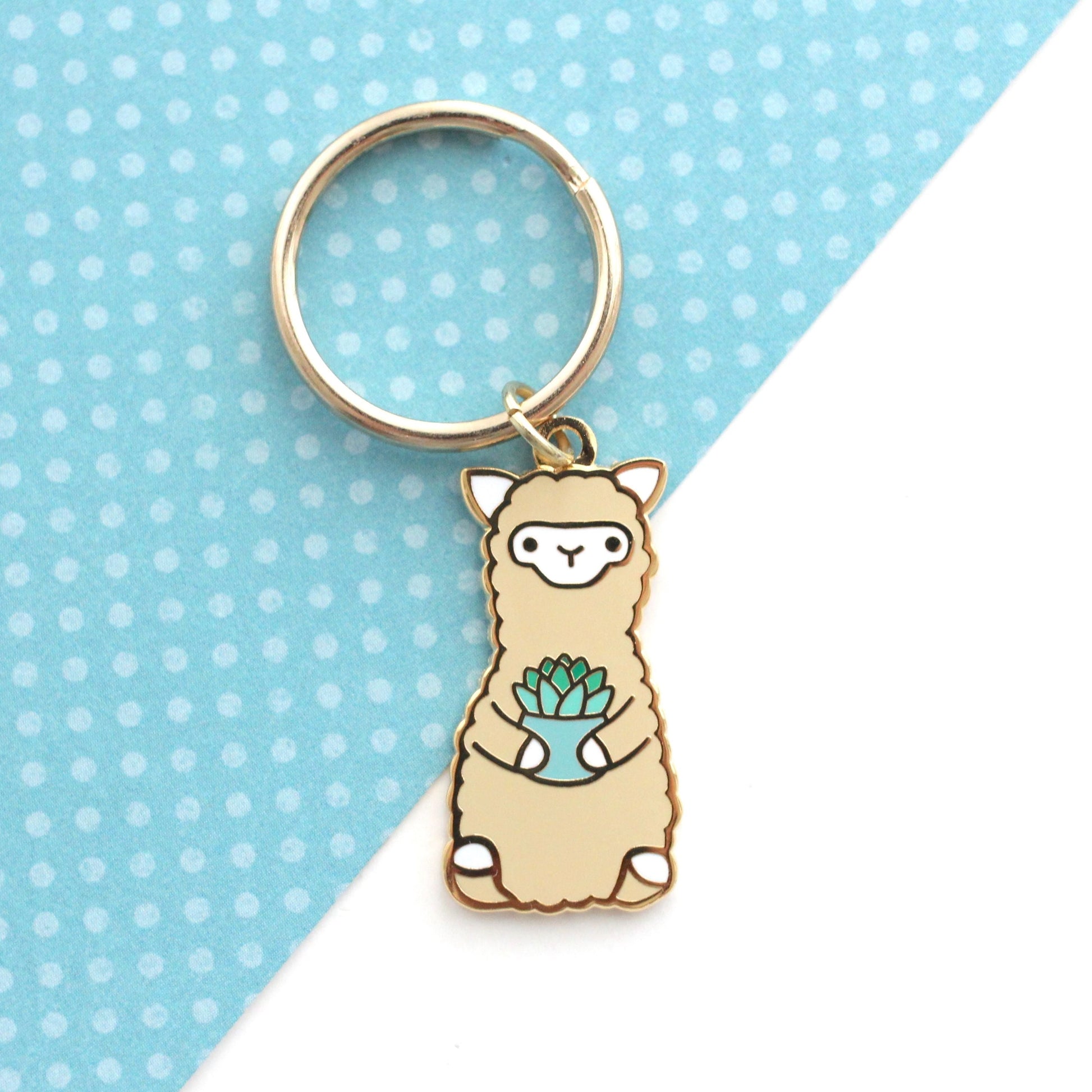 Lot de 2 porte-clés en émail alpaga : cactus et succulente. Charmants porte-clés lama