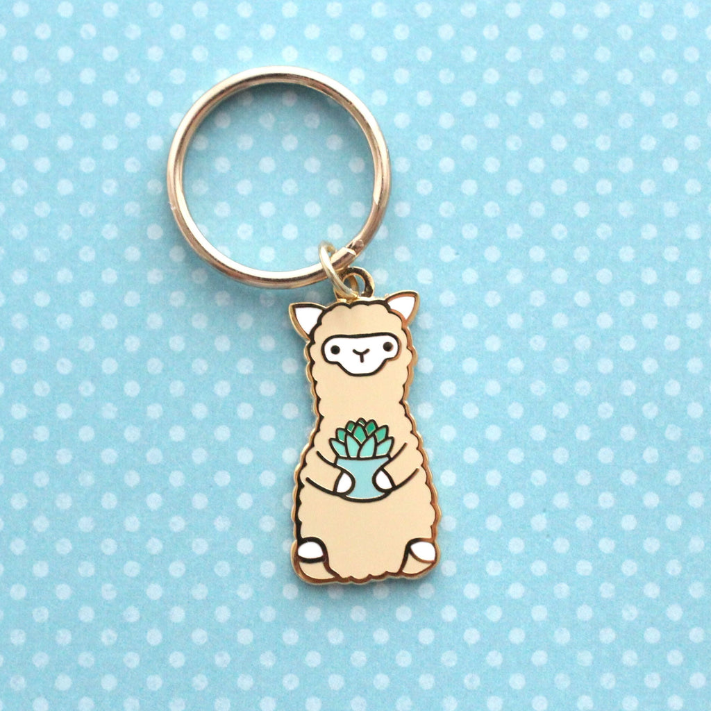 Lot de 2 porte-clés en émail alpaga : cactus et succulente. Charmants porte-clés lama