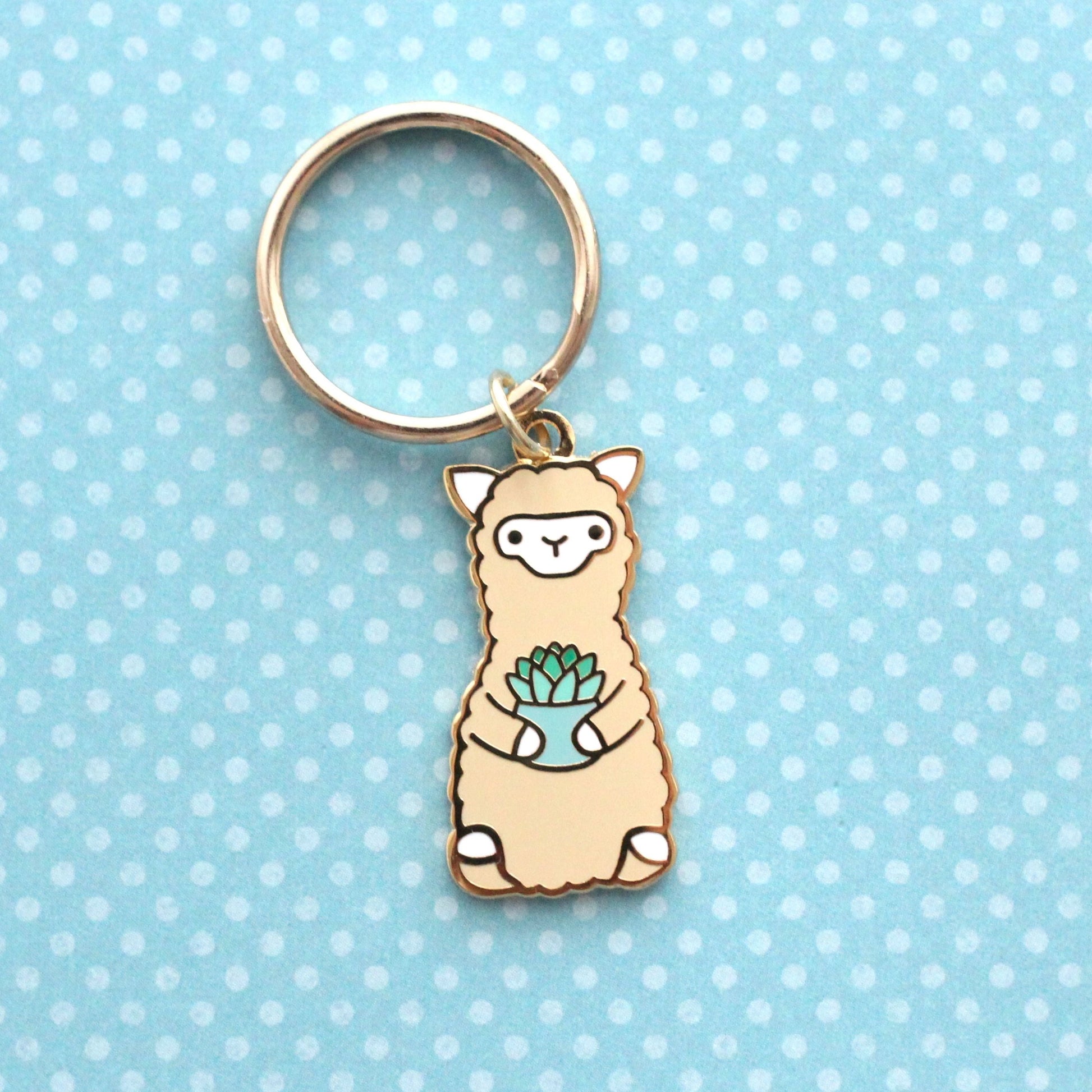 Lot de 2 porte-clés en émail alpaga : cactus et succulente. Charmants porte-clés lama