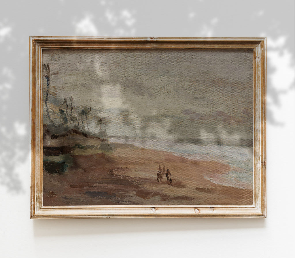 Estampe ancienne représentant un paysage de plage couvert L0163