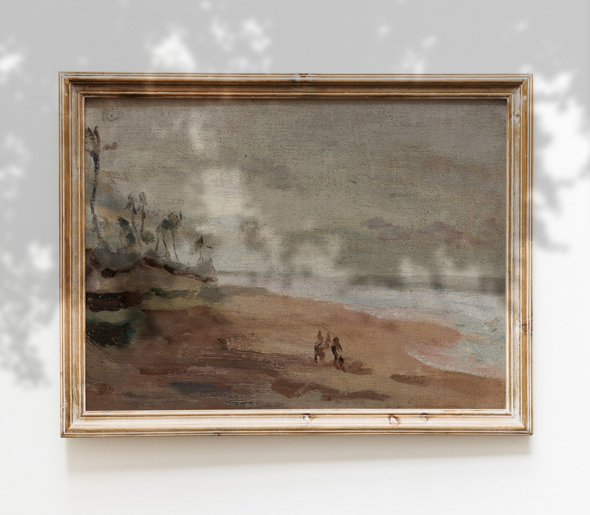 Estampe ancienne représentant un paysage de plage couvert L0163
