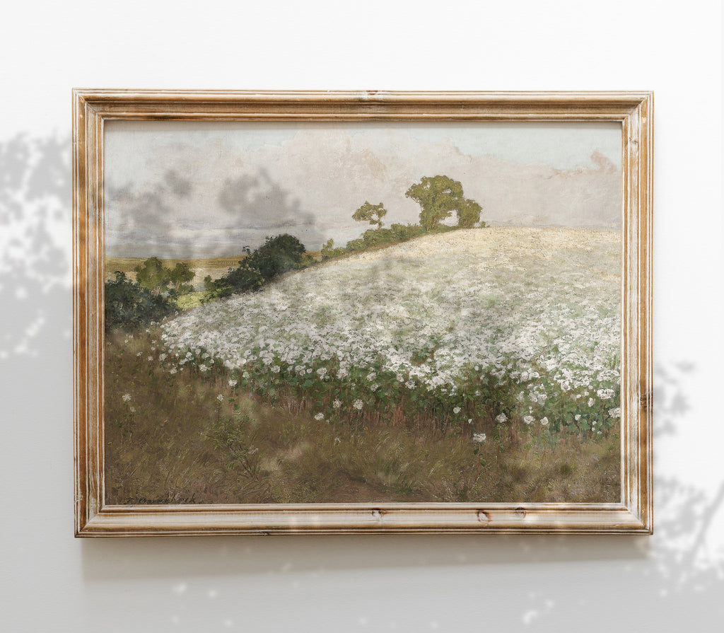 Estampe d'art vintage représentant un paysage de champs fleuris L0215