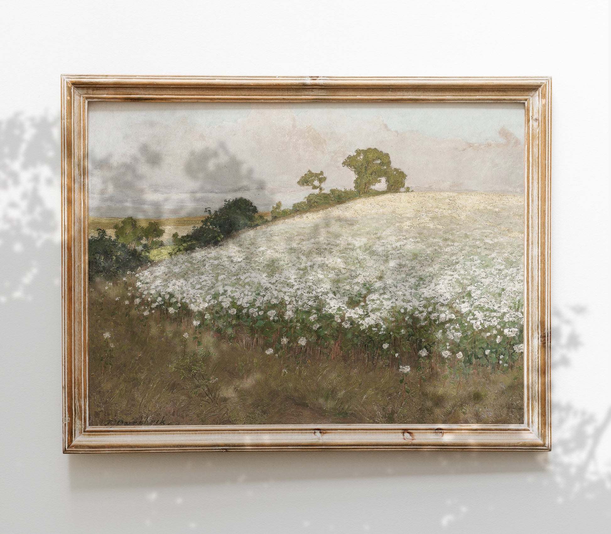 Estampe d'art vintage représentant un paysage de champs fleuris L0215