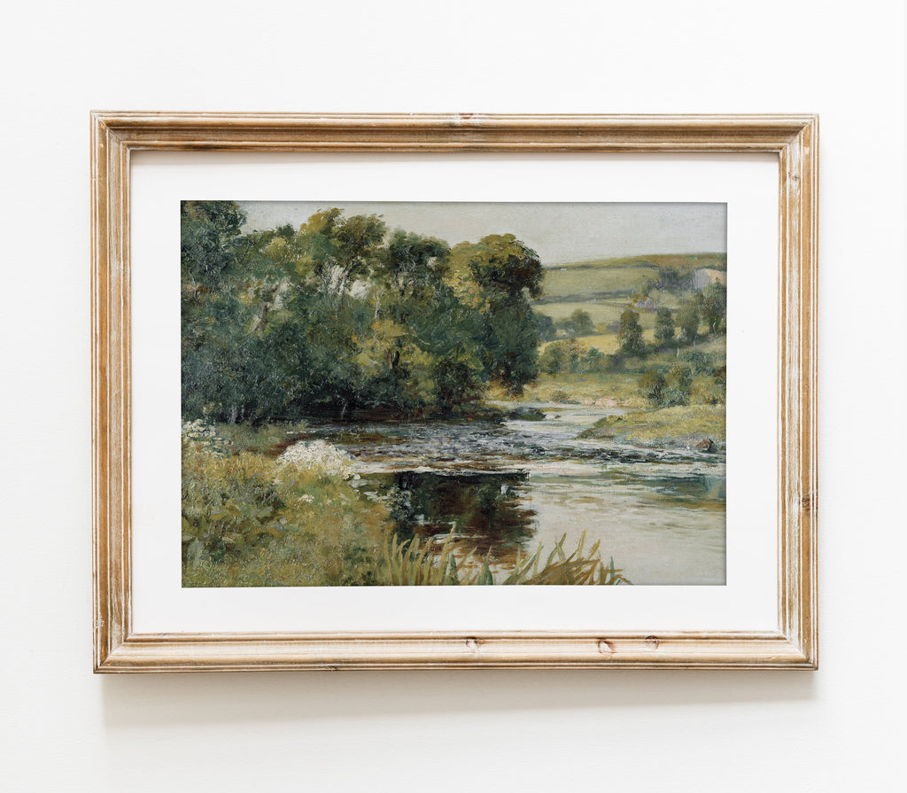 Estampe d'art représentant un paysage de ruisseau de prairie vintage L0136