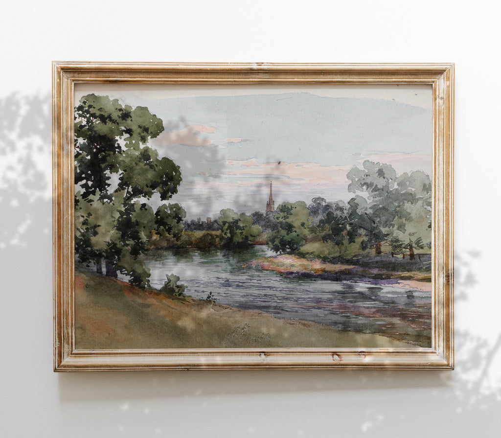 Estampe vintage de paysage fluvial L0128