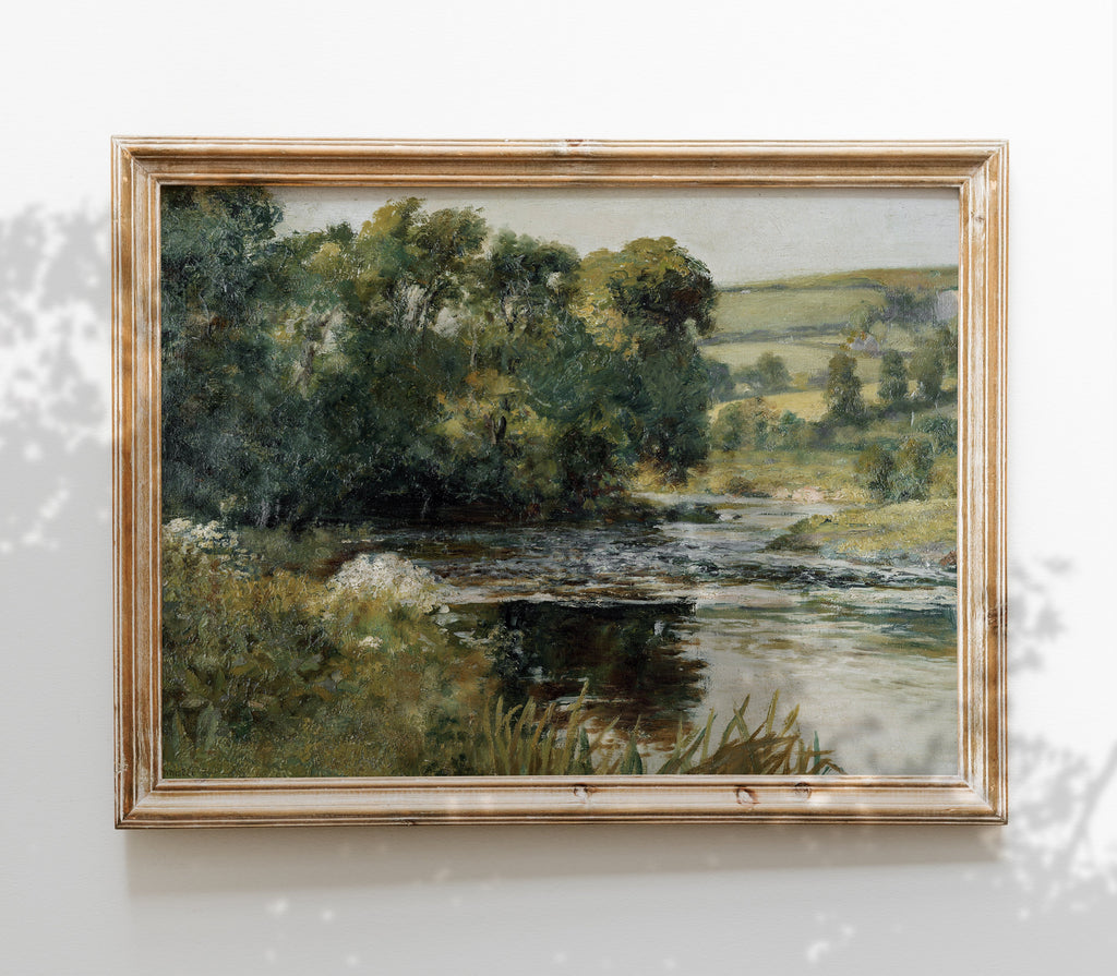 Estampe d'art représentant un paysage de ruisseau de prairie vintage L0136