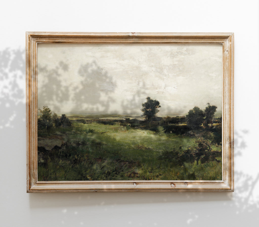 Estampe d'art vintage aux tons verts doux, paysage L0157