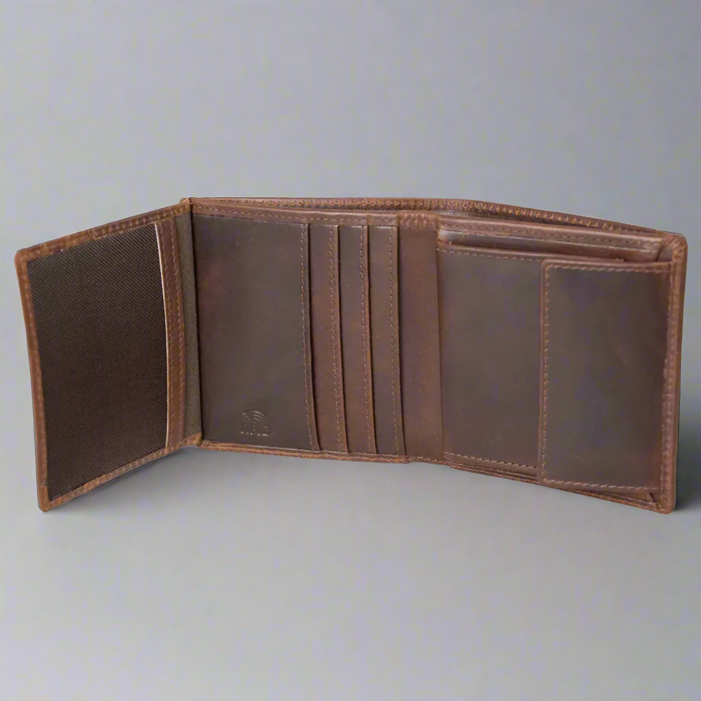 Portefeuille BOL pour homme, style vintage, en cuir, à trois volets avec poche à monnaie