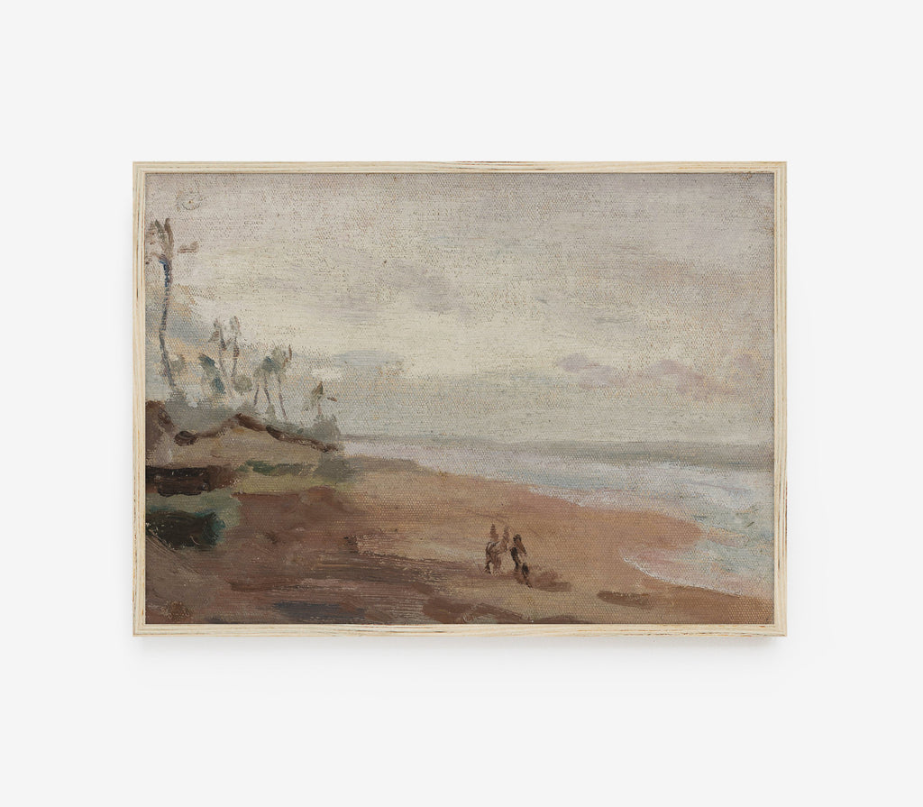 Estampe ancienne représentant un paysage de plage couvert L0163
