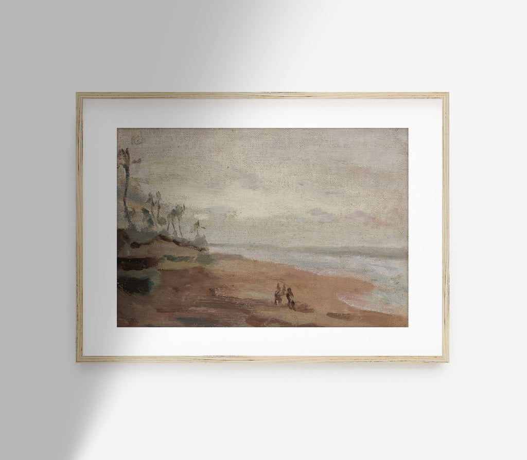 Estampe ancienne représentant un paysage de plage couvert L0163