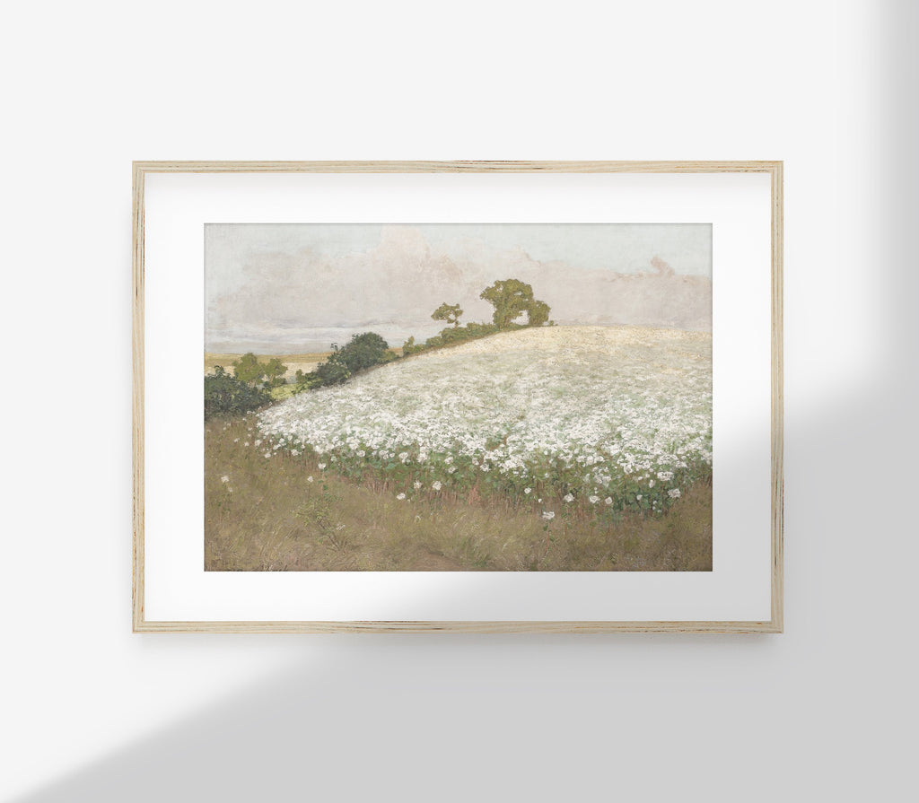 Estampe d'art vintage représentant un paysage de champs fleuris L0215
