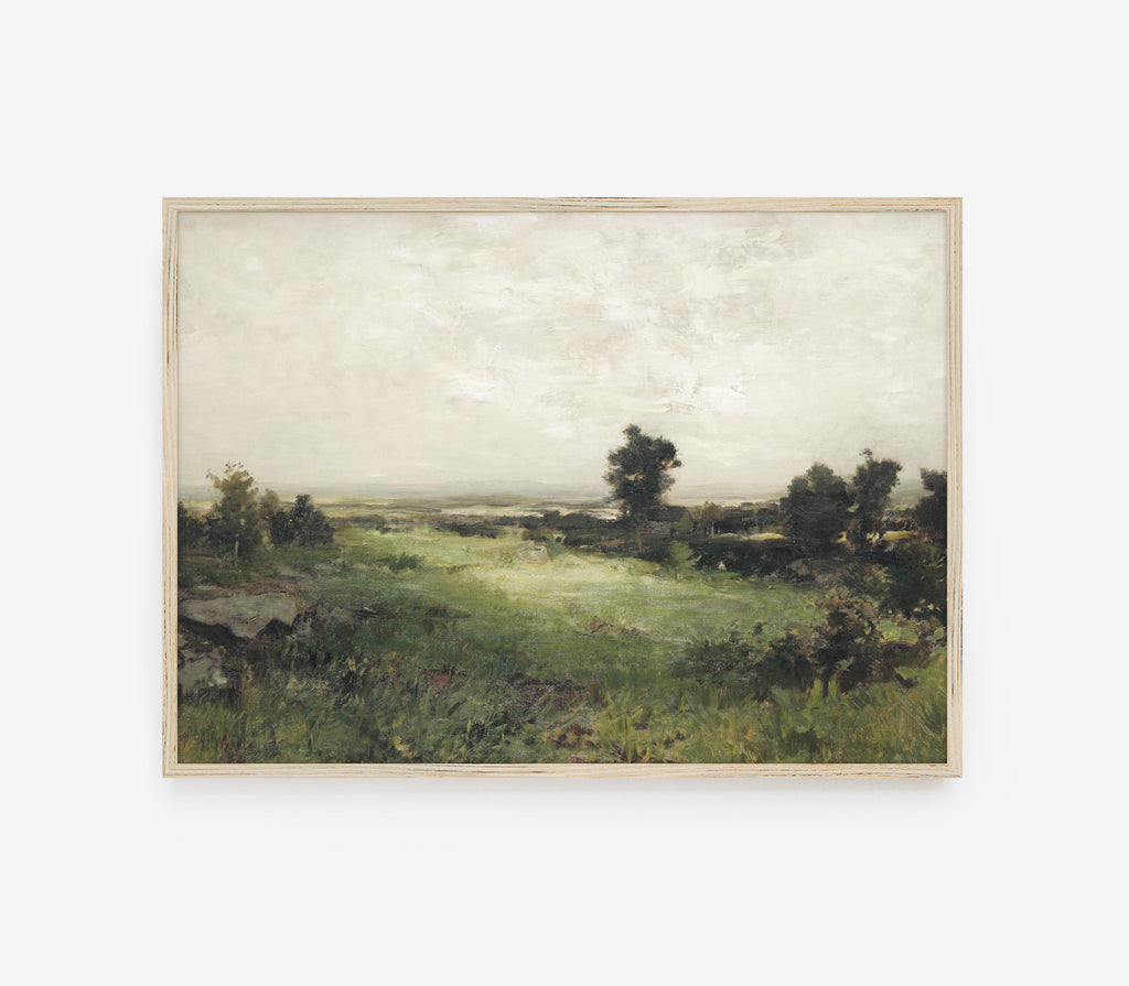 Estampe d'art vintage aux tons verts doux, paysage L0157