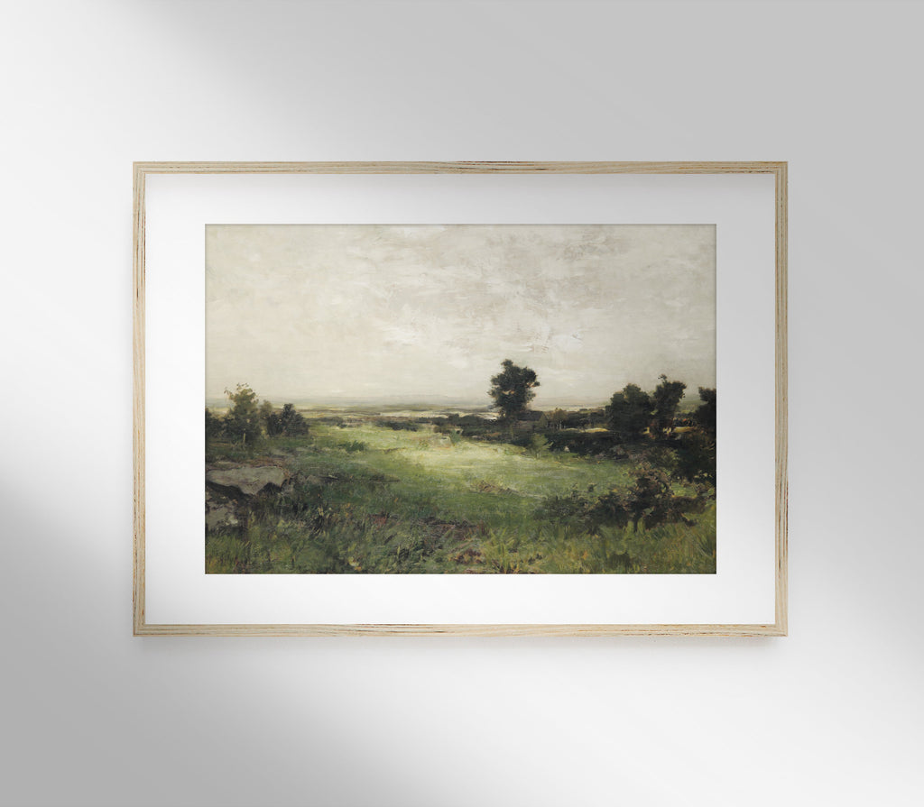 Estampe d'art vintage aux tons verts doux, paysage L0157