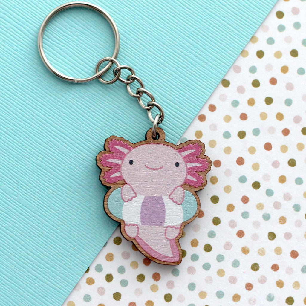 Porte-clés en bois Axolotl avec flotteur - Breloque en bois Axolotl