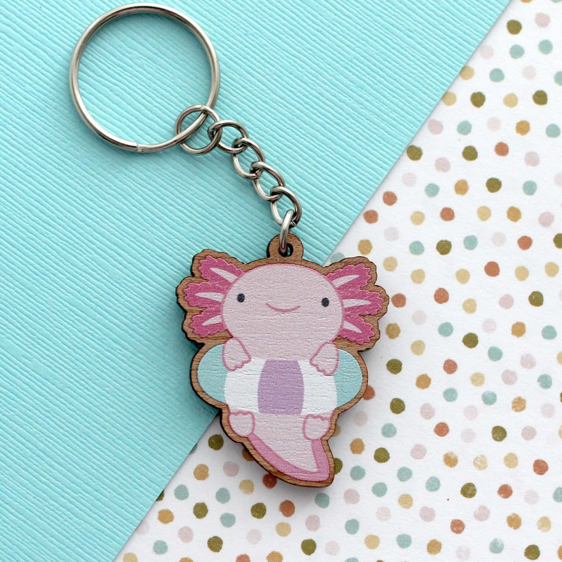 Porte-clés en bois Axolotl avec flotteur - Breloque en bois Axolotl
