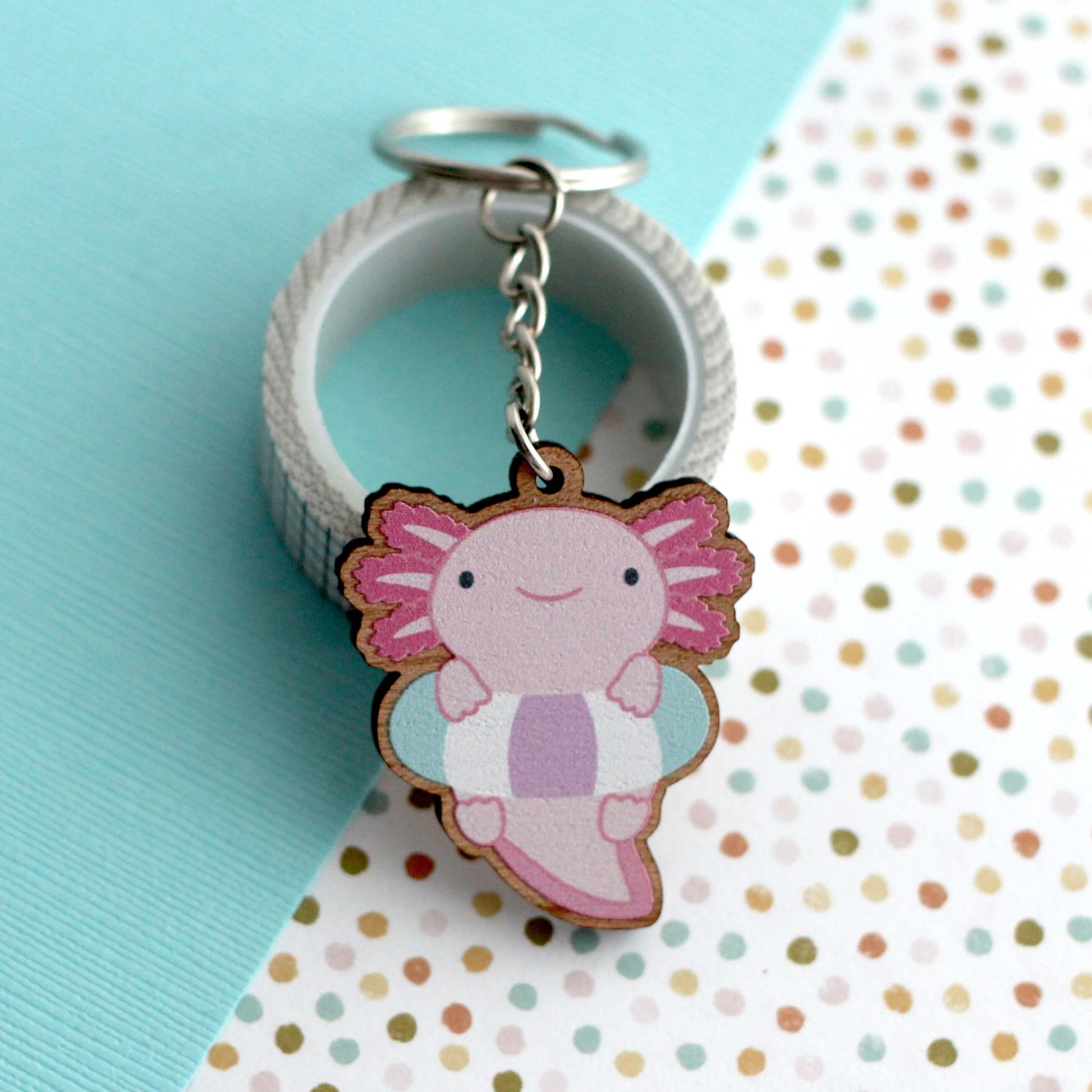 Porte-clés en bois Axolotl avec flotteur - Breloque en bois Axolotl