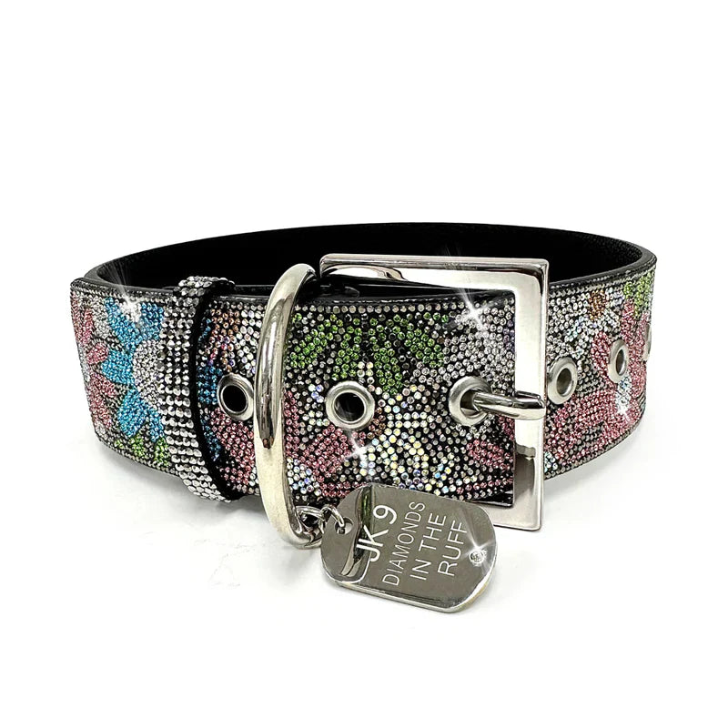 Luxury Hematite Floral Print Dog Collar – Silver Hardware | Soft Vegan Leather, Adjustable Sizes