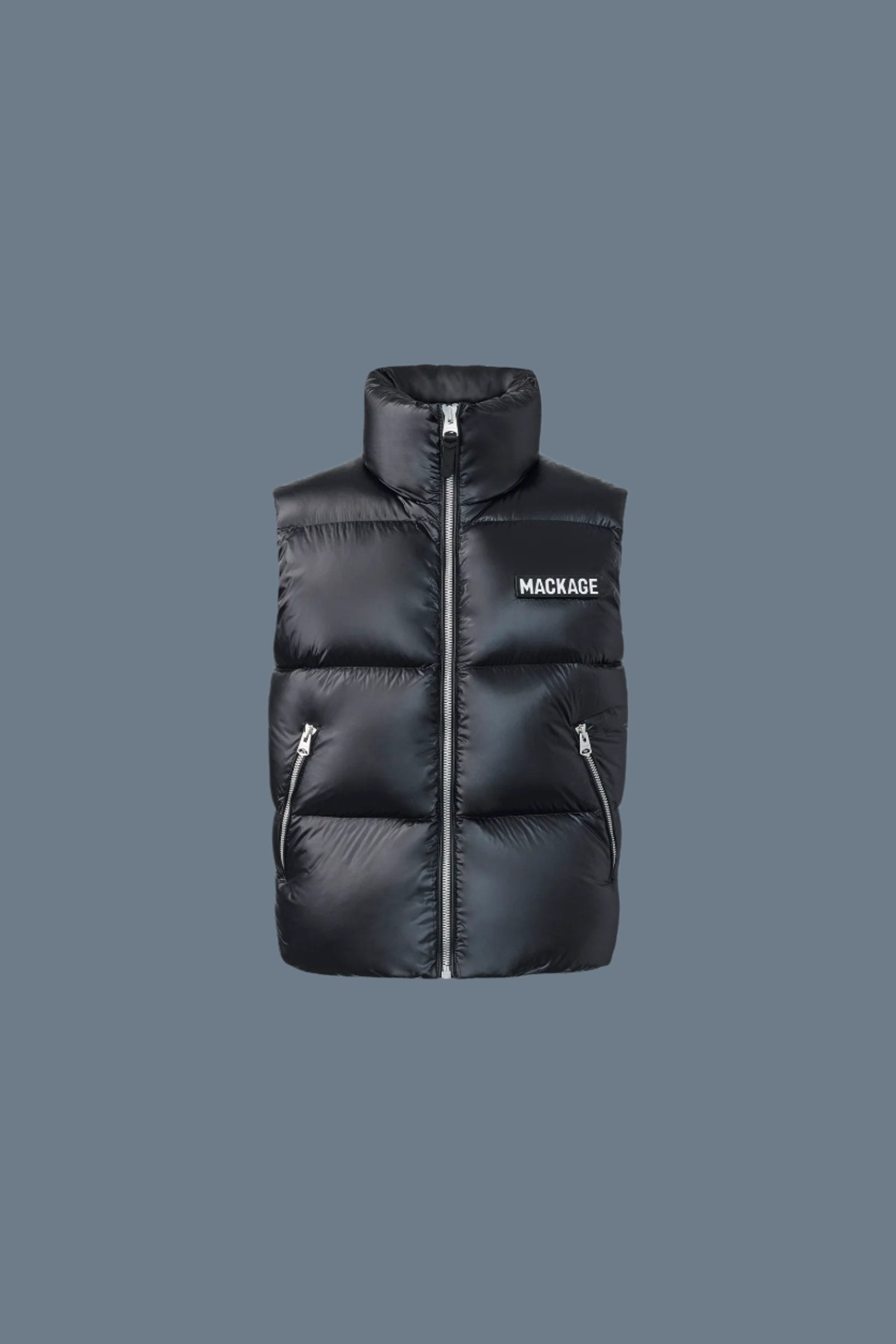KANE lustrous light down vest with funnel collar